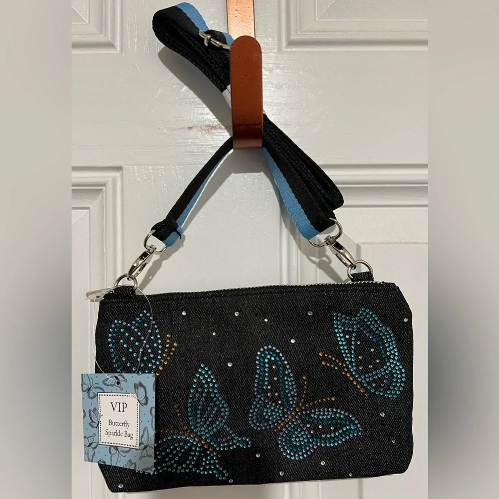 BRIGHTON VIP Sparkle Butterfly Bag Denim Crossbody Stripe Strap NWT - Picture 2 of 12